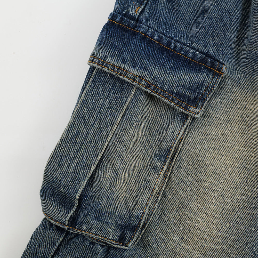 Washed Cargo-Style Denim Shorts