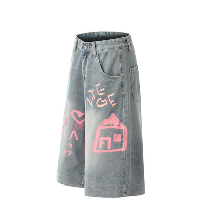 Handcrafted Urban Graffiti Print Denim Shorts