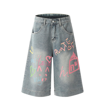 Handcrafted Urban Graffiti Print Denim Shorts