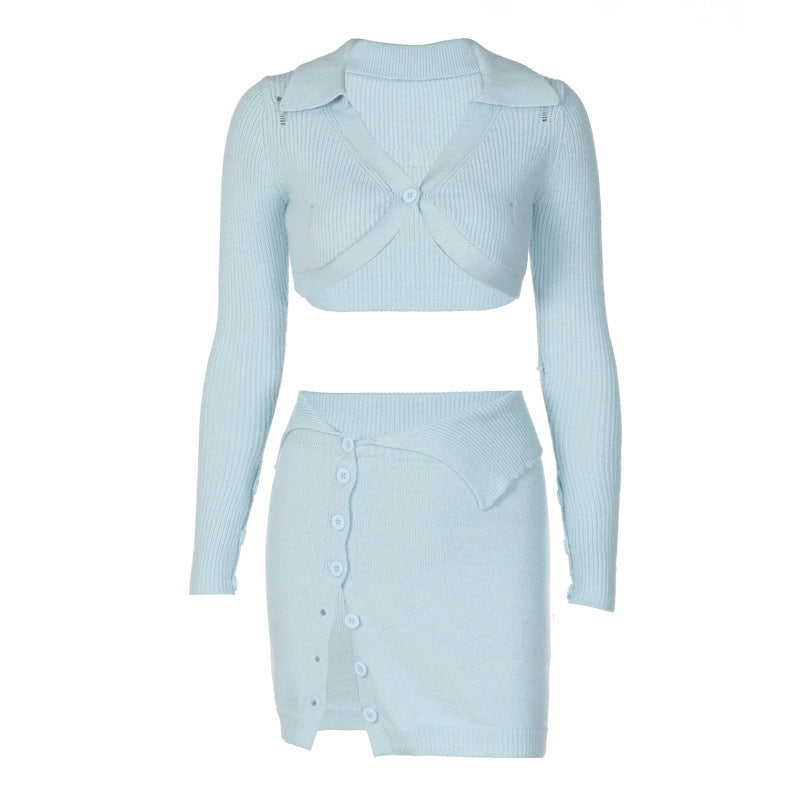 Sky Blue Velvet Button Skirt Set