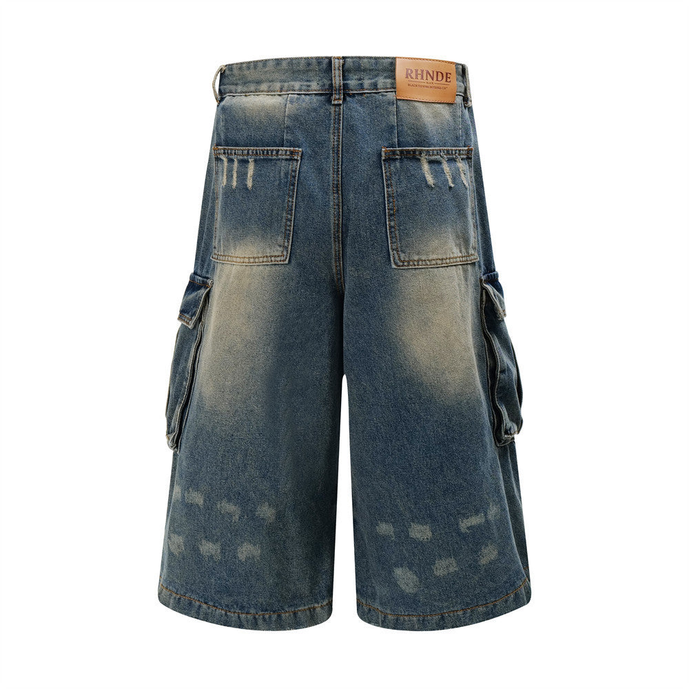 Washed Cargo-Style Denim Shorts