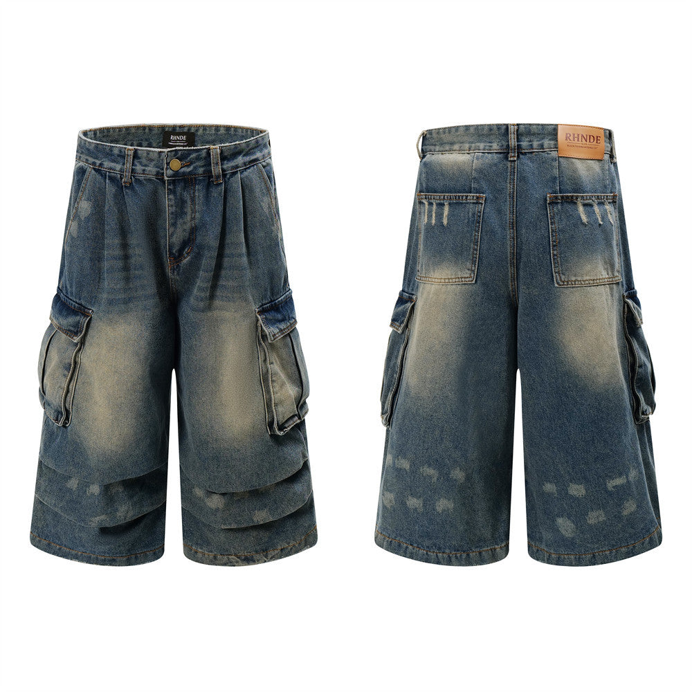 Washed Cargo-Style Denim Shorts