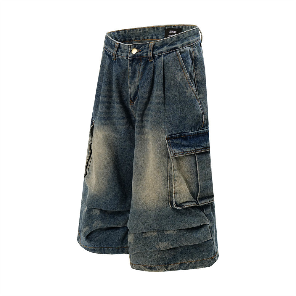 Washed Cargo-Style Denim Shorts