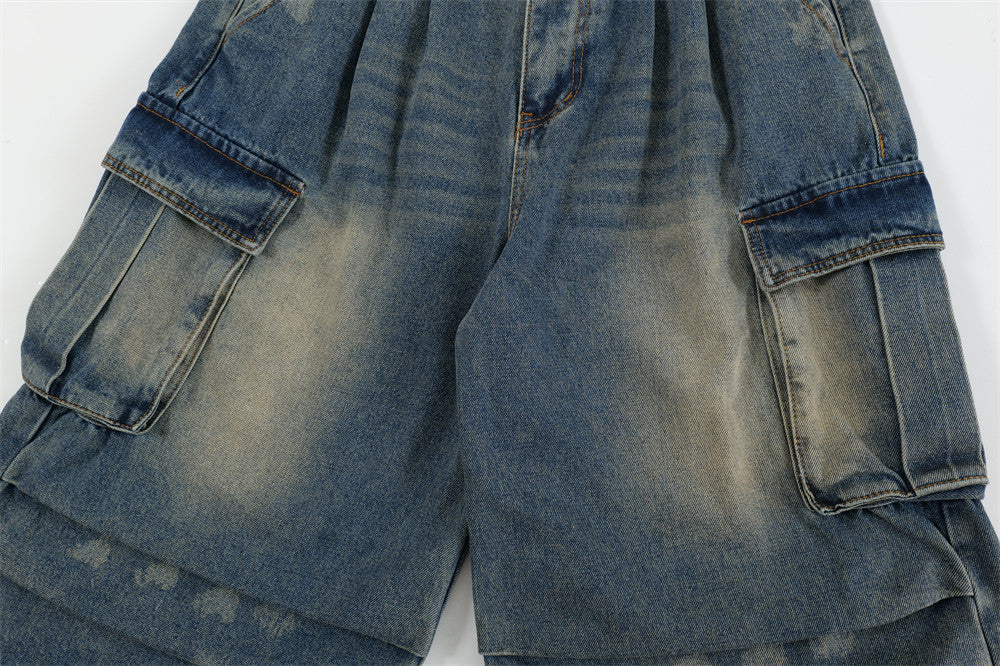 Washed Cargo-Style Denim Shorts