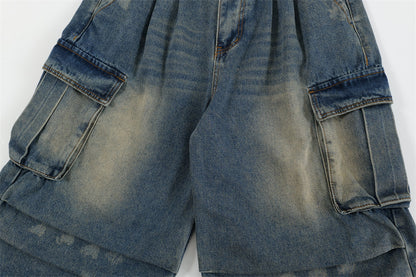 Washed Cargo-Style Denim Shorts