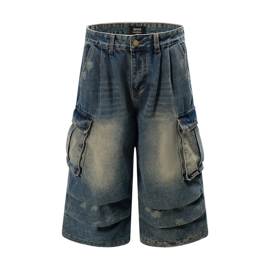 Washed Cargo-Style Denim Shorts