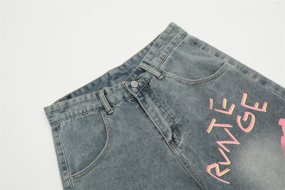 Handcrafted Urban Graffiti Print Denim Shorts